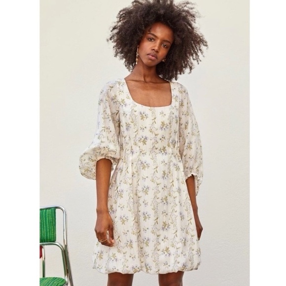 NWT H&M X Brock Collection Large White Floral Babydoll Mini Dress Cottage Core L - Picture 2 of 9